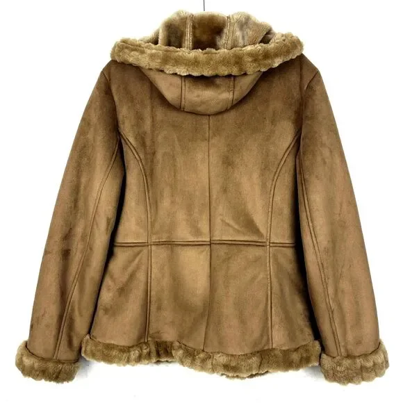 Faux Suede Jacket Womens SZ XL Faux Fur Trim Hood Embroidered Floral Soft Brown - Picture 2 of 11